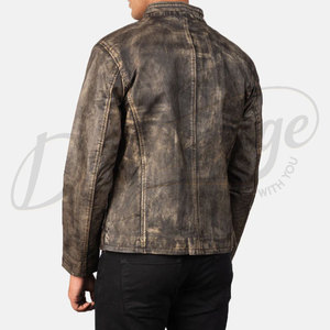 Veste en cuir véritable marron vieilli vintage pour homme, col montant classique, coupe ajustée, style streetwear décontracté - Product Image 2