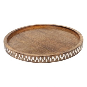 Plateau de service rond en bois avec incrustation dorée, fait main, poli, style bohème, décoratif, passe au lave-vaisselle, idéal pour les voyages et les fêtes - Product Image 4