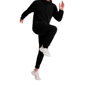 Men's Black Full <b>Zip</b> <b>Hooded</b> Tracksuit Set Polyester Sweatshirt & Jogger Pants with Side Pockets Casual Autumn Sportswear Outfit - Product Image 2
