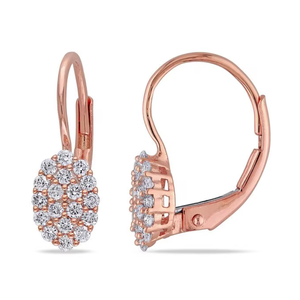 Natural Round Cut Diamond <b>Cluster</b> Leverback Earrings in 14K Rose Gold | Elegant Drop Bridal Earrings Women Anniversary Jewelry - Product Image 2