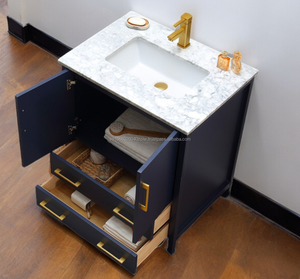 Mueble de tocador de lujo de 30 pulgadas con espejo, de madera maciza y contrachapada azul, con cajones de cierre suave, lavabo individual y encimera de mármol, moderno, para suelo. - Product Image 3