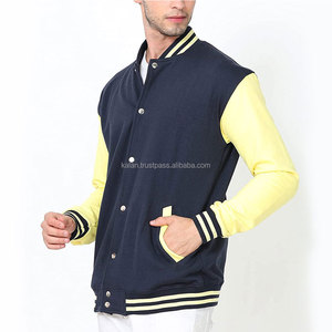 Men's Navy Yellow Color Block Varsity <b>Jacket</b> Regular Fit Button Closure Casual Wear Cotton <b>Fleece</b> <b>Lined</b> <b>Jacket</b> - Product Image 3