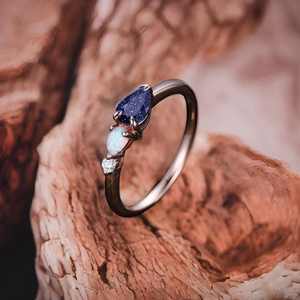 Vintage <b>Sandstone</b> Opal Engagement Ring Art Deco Moissanite Wedding Band Pear Cut 3 Stone Unique Bridal Ring - Product Image 4