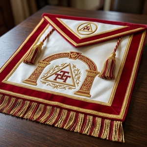 Delantal Masónico Personalizado, Material Principal de Cuero, Tela Blanca Resistente al Agua, Ribete de Terciopelo Rojo, Flecos Bordados en Oro, Francmasonería - Product Image 2