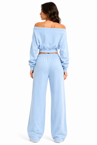 Conjunto de Sudadera con Hombros Descubiertos, Sudaderas Oversize, Chándal de Forro Polar Corto Personalizado, Conjunto de Pantalones de Pierna Ancha, Fabricante OEM, Ajuste Relajado - Product Image 2