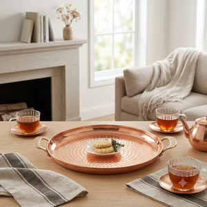 Plateau de service rond en cuivre martelé fait main avec poignées ornées, grande assiette de présentation alimentaire, vente en gros pour la maison, l'hôtel et le restaurant - Product Image 3