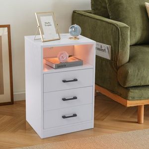 Comodino in Truciolato Bianco 40*35*65cm con Tre Cassetti, Luce LED e Presa Elettrica - Product Image 2