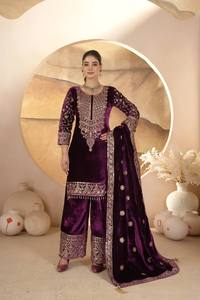 <b>Women's</b> Modern <b>Velvet</b> Embroidered Three Quarter Salwar Kameez Set with Reversible Purple Dupatta <b>for</b> Wedding Party - Product Image 3