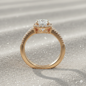 Anillo de compromiso con halo de diamantes y tallo dividido tipo cojín - Product Image 3