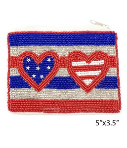 Mini porte-monnaie en coton brodé de perles, motif drapeau américain et cœurs, fermeture éclair, fait main, unisexe, avec dragonne en polyester, 5x3,5 pouces - Product Image 1
