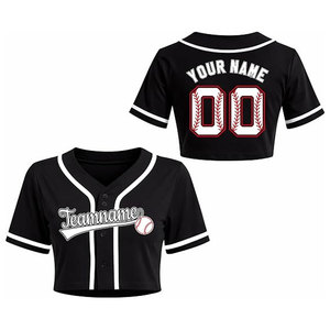 Maillot de baseball court pour femme, personnalisable avec nom et numéro, chemise de softball boutonnée, haut court, tenue d'équipe, 100% polyester, noir - Product Image 4