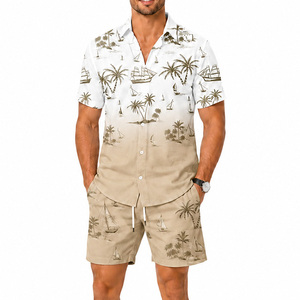 Conjunto de Camisa y Pantalones Cortos de Satén Tropical para Hombre, 100% Poliéster, Transpirable, Informal, para Vacaciones de Verano, Estampado de Dos Piezas - Product Image 1