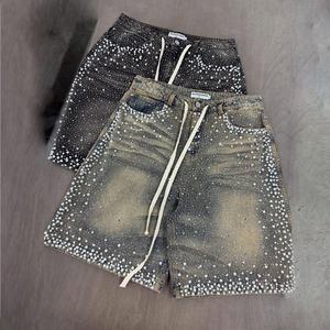 Shorts en jean pour homme, taille mi-haute, respirants, style streetwear, délavage vintage personnalisé, avec strass, pour l'été, par un fabricant de denim - Product Image 4