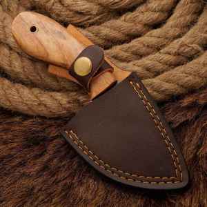 Cuchillo de caza hecho a mano de acero de Damasco con hoja de punta caída y filo recto, mango de madera de olivo, funda de cuero, personalizable OEM - Product Image 6