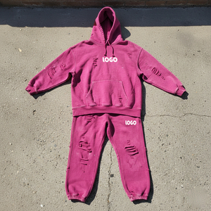 Custom High Quality Blank Distressed Hoodie and Jogger Short Set Designer Cotton Unisex Sweatsuit Casual Baggy <b>Tracksuit</b> for Men - Product Image 3