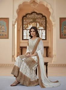 Ensemble Salwar Kameez en Soie Dorée Ombrée Crème pour Femme, Tenue Traditionnelle Indienne et Pakistanaise, Idéal pour Mariages et Fêtes, Longueur Ras du Sol, Coupe Classique - Product Image 6