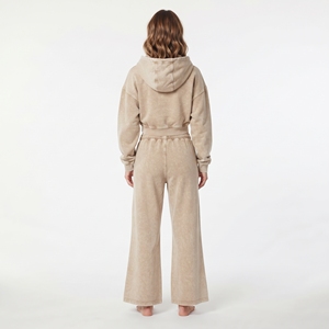 Conjunto de sudadera con capucha de algodón beige para mujer, con cremallera completa, hombros caídos y mangas largas, y pantalones jogger de pierna ancha con lavado ácido. - Product Image 3