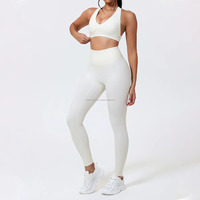 Ensemble de yoga 2 pièces FONILBEST pour femme : Leggings taille mi-haute et brassière de sport dos nageur à col carré, couleur unie, anti-transpiration