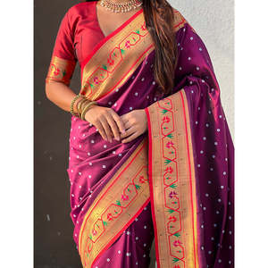 Sari de Seda Elite Weaves Wine Fusion con Zari Tejido Bandhani Paithani, Protección Solar, Secado Rápido, Tradicional, 650g, Estilo Indio-Pakistaní - Product Image 2