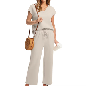 Women's Beige V-Neck Short Sleeve Loose Fit Tracksuit Full Length <b>Pants</b> Side Pockets Drawstring Waist Casual Summer Wear - Product Image 5