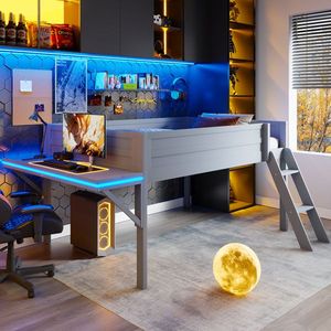 Letto a soppalco in legno a grandezza naturale con scrivania e LED, design multifunzionale unico grigio - Product Image 1