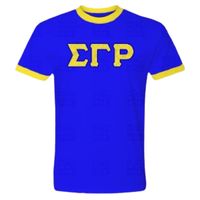 T-shirt à col rond à manches courtes pour femme, avec lettres en satin Sigma Gamma Rho, bleu roi et or, pour sororité grecque, personnalisé pour le campus