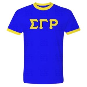 T-shirt à col rond à manches courtes pour femme, avec lettres en satin Sigma Gamma Rho, bleu roi et or, pour sororité grecque, personnalisé pour le campus - Product Image 1