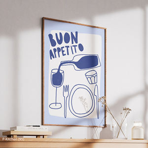 Arte en Lienzo de Cocina Italiana, Ilustración Mediterránea de Pasta y Vino, Decoración de Pared con la Frase Buon Appetito - Product Image 4