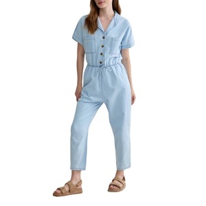 Combinaisons décontractées en denim bleu clair à col boutonné Cinchet à la taille et à manches courtes Combinaisons Jeans pour femmes Salopette Barboteuse Pantalon - Product Image 1