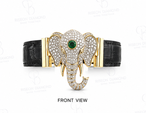 Haute joaillerie elephant <b>bracelet</b> in 18K yellow gold with pave diamonds emerald centerpiece and black <b>leather</b> strap luxury - Product Image 2