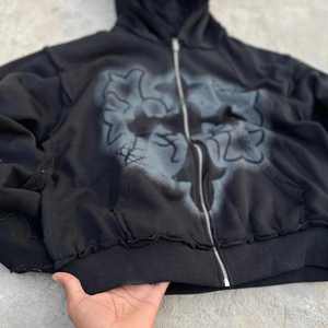 เสื้อฮู้ดซิป Chrome Heart ลายพิมพ์แบบ Acid Wash สำหรับทุกเพศ ผ้าฝ้ายนุ่ม สไตล์คลาสสิก ทรงโอเวอร์ไซส์ สตรีทแวร์ ดีไซน์ Distress - Product Image 2
