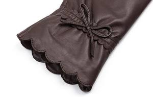 Brown leather fashion women gloves with bow - Product Image 4