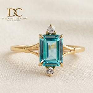 Bague pour femme de haute qualité en or jaune massif 14 carats avec diamant de laboratoire et Yag Paraiba Blue, bijoux minimalistes certifiés IGI - Product Image 4