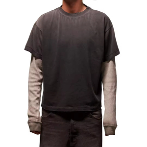 T-shirt en tricot surdimensionné pour homme, manches longues, bordure contrastée, col rond, décontracté, couleur unie, coton, impression sur le devant, séchage rapide, 200g - Product Image 4
