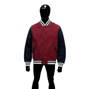 Chaqueta Universitaria de Lana Azul Marino y Granate, Chaqueta Clásica de Béisbol con Mangas Azul Marino en Contraste, Botones a Presión Negros, Franja Blanca - Product Image 1