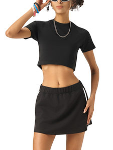 Ensembles de hauts courts rayés personnalisés en gros pour femmes, t-shirts et jupes vierges de haute qualité en mélange de coton 230 GSM pour femmes - Product Image 5