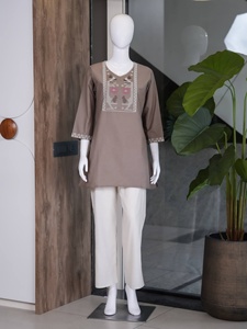 <b>Women</b> Embroidered Cotton <b>Kurti</b> With White Pant Pants Casual Loose Fit Indian Pakistani Style Set All Seasons Wear - Product Image 4