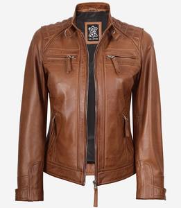 Chaqueta de cuero genuino para mujer, estilo motero vintage, de piel de oveja encerada, con hombros acolchados, estilo Cafe Racer, corte ajustado, para mujer - Product Image 3