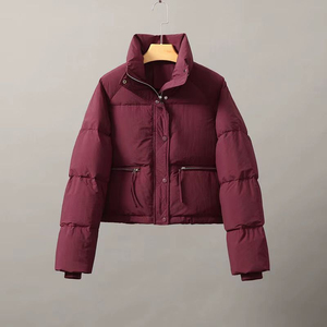 <b>Women's</b> White Stand Collar Quilted Puffer Jacket Short <b>Winter</b> <b>Padded</b> <b>Coat</b> Zipper Full Sleeve - Product Image 3