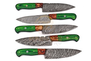Handmade Damascus Chef <b>Knife</b> <b>Set</b> – Custom Kitchen <b>Knives</b> with Green Wood Handle – Razor <b>Sharp</b> Cooking <b>Knife</b> Collection - Product Image 2