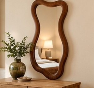 Modern Irregular Wooden <b>Wall</b> <b>Mirror</b> Handmade Carved Framed Full Length Decorative for Bedroom Living Room - Product Image 1
