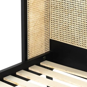 Modern Rattan Headboard <b>Bed</b> <b>Frame</b> Wooden Bedstead Black and Natural Panel <b>Bed</b> for Hotel Home Bedroom - Product Image 6