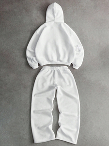 Unisex <b>White</b> Hooded Tracksuit Set Embossed Cross Design Full Zip Sweatshirt <b>Jogger</b> Pants Casual Loose Fit Autumn Wear - Product Image 2