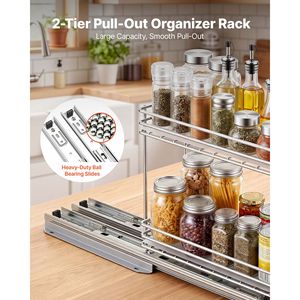 Organisateur d'armoire à 2 niveaux, étagère à épices coulissante, panier coulissant en métal robuste pour les assaisonnements de cuisine - Product Image 3