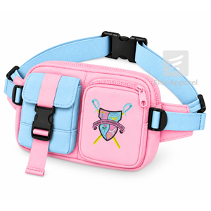 Sac banane personnalisé Gamma Phi Delta Sorority rose et bleu ciel avec logo brodé et poche zippée pour vêtements grecs féminins - Product Image 1