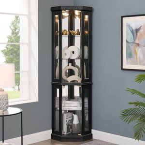 Vetrina per Oggetti d'Arte Antichi da Soggiorno, Elegante Vetrinetta Angolare Illuminata con Bar per Vini e Vano Portabicchieri, Assemblata - Product Image 1