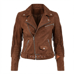 Gold Suede <b>Jacket</b> With <b>Fringe</b> Sleeve Zipper Closure Breathable Eco Friendly Turn down Collar Women winter Fashion Leather <b>Jacket</b> - Product Image 4