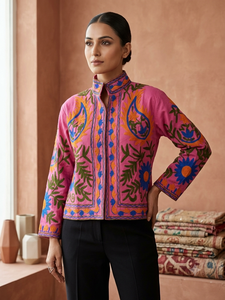 Bata Larga de Mujer con Cuello en V, Hecha a Mano, Bordada con Flores Azules, Reversible, 100% Algodón, 480g, Estilo Kimono con Cinturón, para Vacaciones - Product Image 1