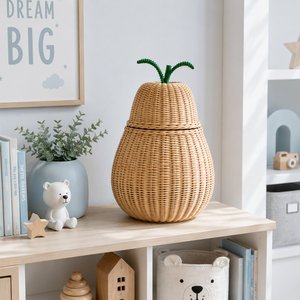 Natural Rattan Woven Pear Basket with Lid Decorative Kids Toy Storage Basket Laundry Organizer Nursery Home Storage Bin - Product Image 4