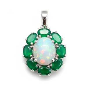 Wholesale Women's Minimalist Rhodium Plated <b>Opal</b> and Green Onyx <b>Pendant</b> 925 Sterling Silver Oval Cluster Design - Product Image 1